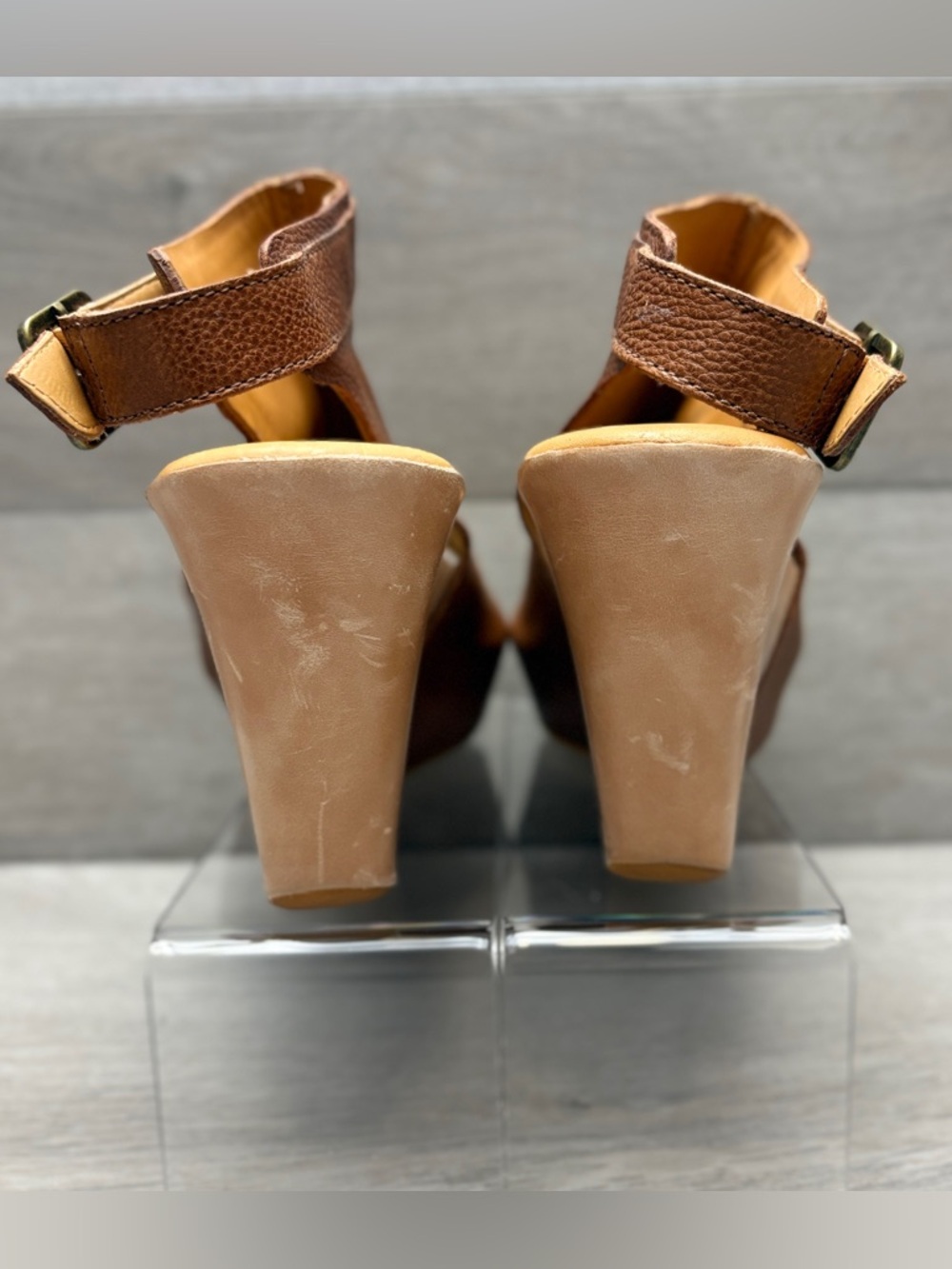 Kork-Ease Berit Brown Leather Peep-Toe Wedge Sandals with Slingback Strap 8 - Picture 2 of 12
